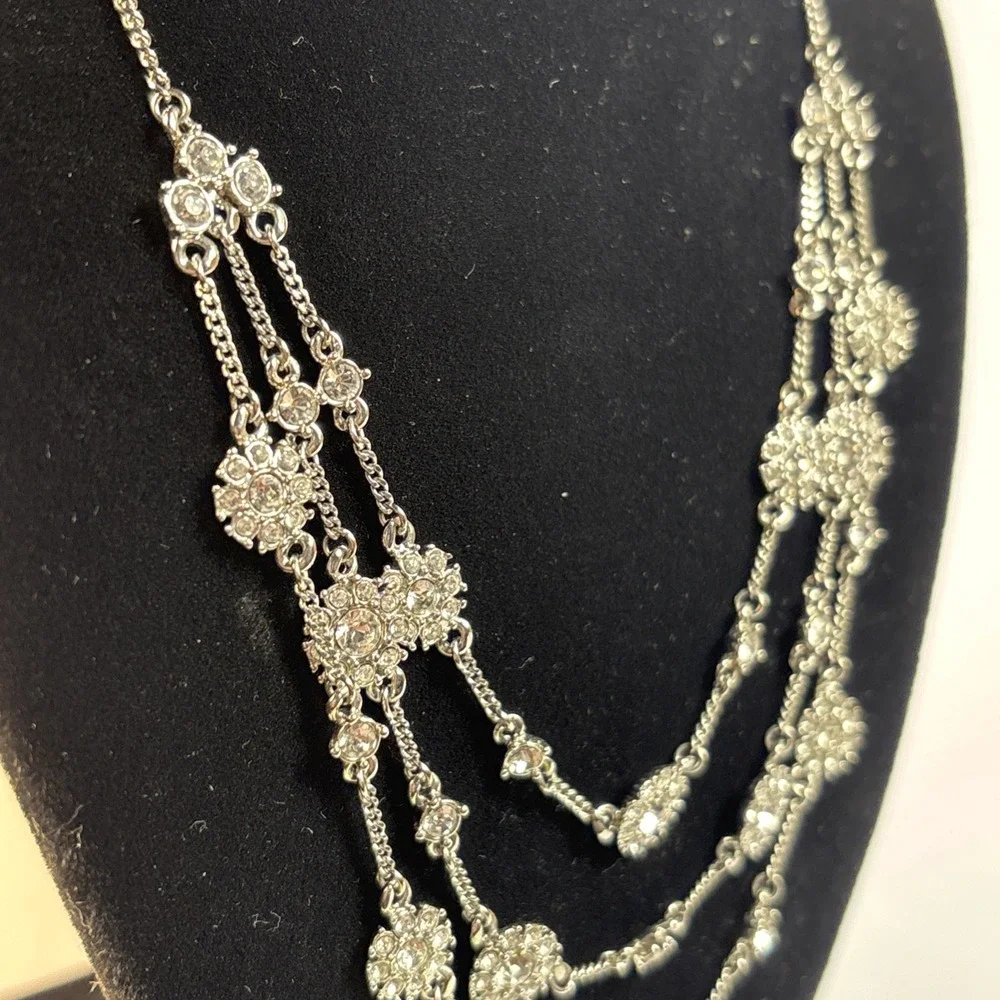 Necklace Rhinestones Multi Strand Delicate Bib Style Givenchy Silver Tone‎ 90s